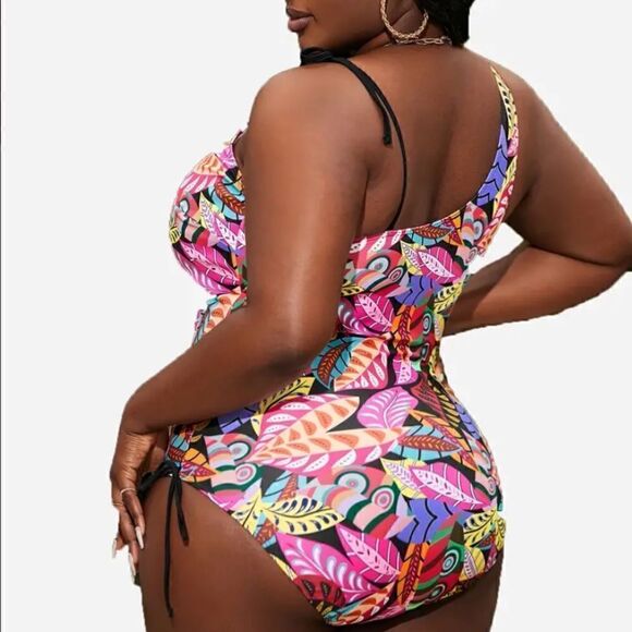 NEW! PLUS Size Bright Boho Tropical Print Side Draw String One Piece Swimsuit - Picture 4 of 6